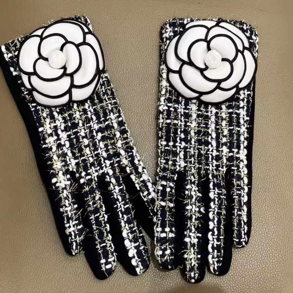 Women's Winter Wool Gloves Warm Plus Velvet Thickened Touch Screen Flower - Picture 3 of 7